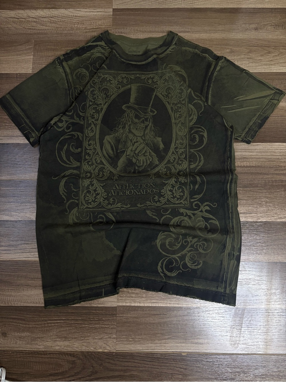 Affliction Aficionados Skull Skeleton Graphic Green Men's M Crew Neck T-Shirt